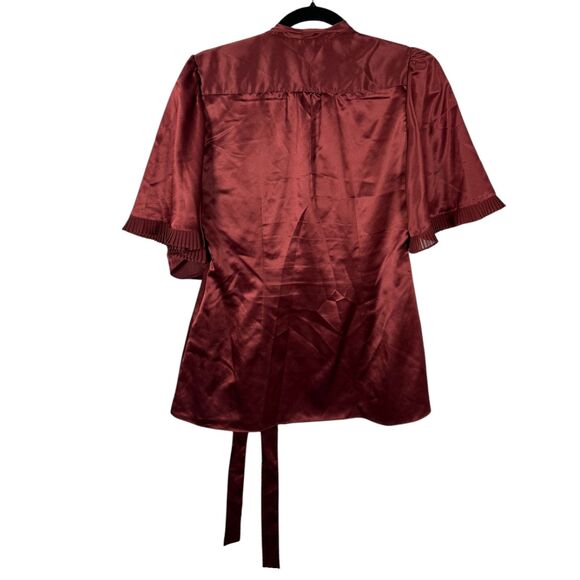 BCBG Max Azria Burgundy Satin Babydoll Wrap Flutter Sleeve Blouse Size Small - Picture 2 of 5